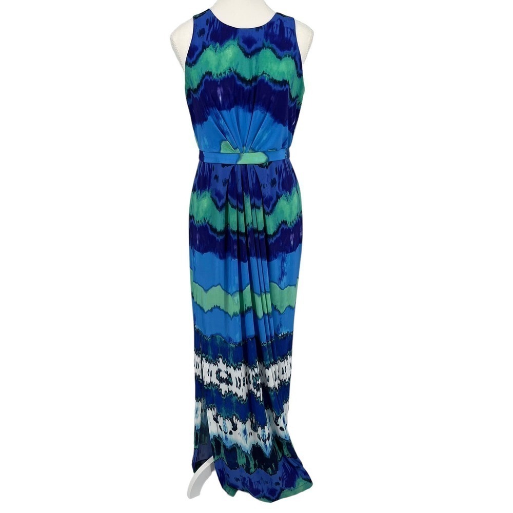 Donna‎ Morgan Maxi Dress Size 6 Multicolor Blue Green Print Sleeveless Side Slit